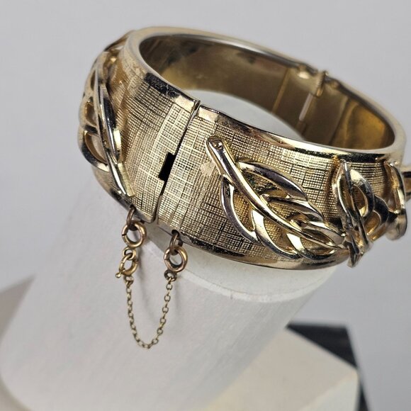 Vintage 70's Whiting and Davis Gold & Silvertone Floral Leaf Fall Cuff Bracelet - Picture 2 of 5